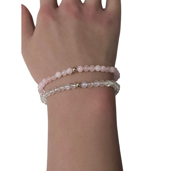 Moonstone & Rose Quartz Gemstone Stretch Bracelet with 14K Gold Accent Bead Hand - Picture 6 of 6